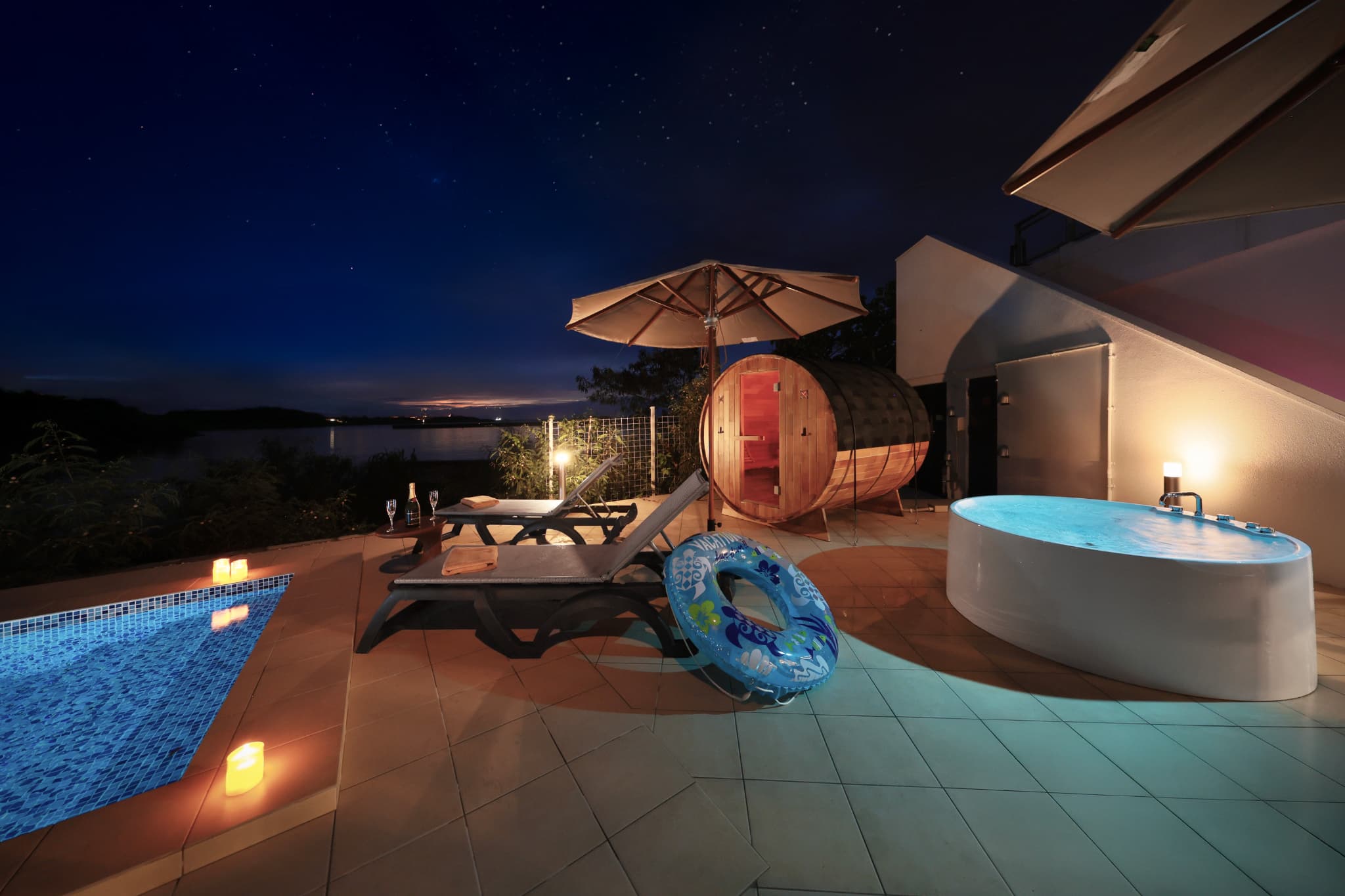 Sauna and jacuzzi at night